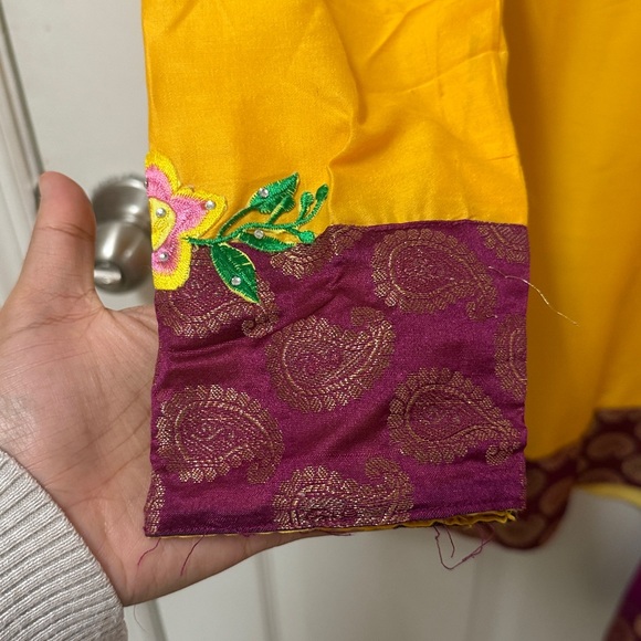 Pakistani Indian Yellow and Purple Embroidered Kurta Set - Picture 5 of 9